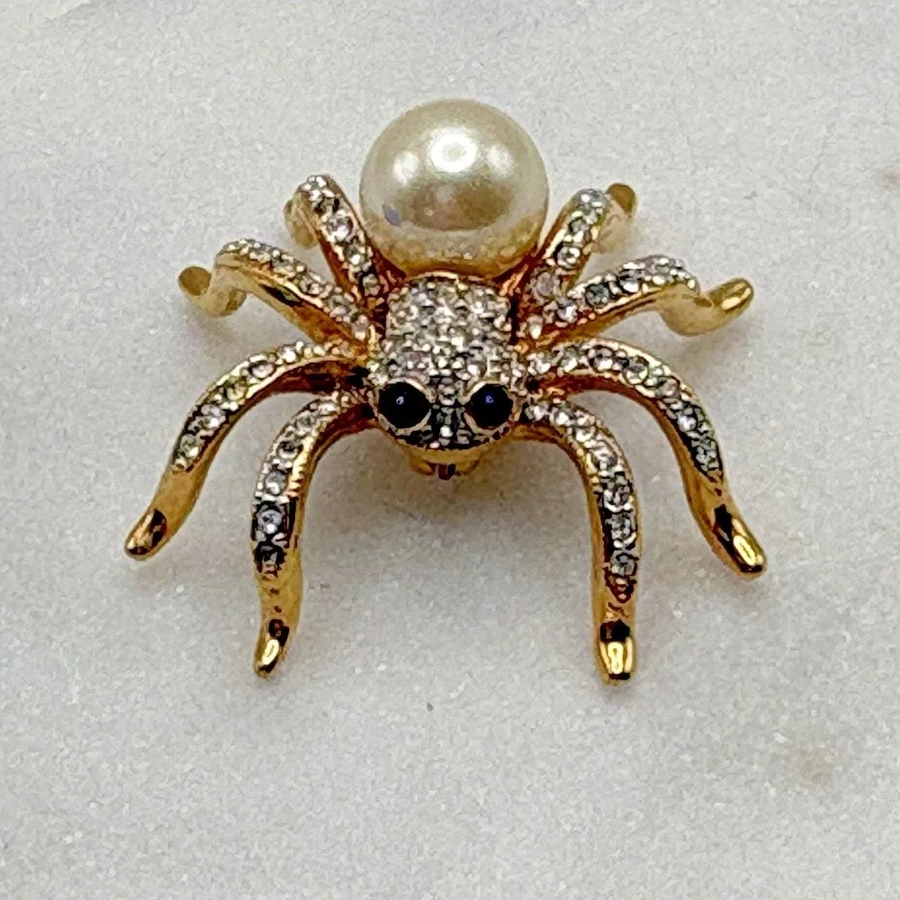 Vintage Swarovski Spider Brooch Pin Gold Tone Faux Pearl 22K Gold Plated